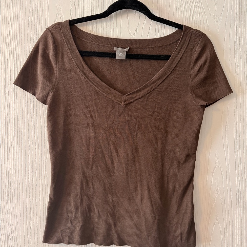 Ann Taylor | Classic Silk Blend V-Neck Short Sleeve Top - Brown